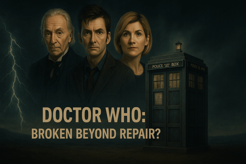 Three actors from Doctor Who pose dramatically in front of the iconic TARDIS against a stormy backdrop.
