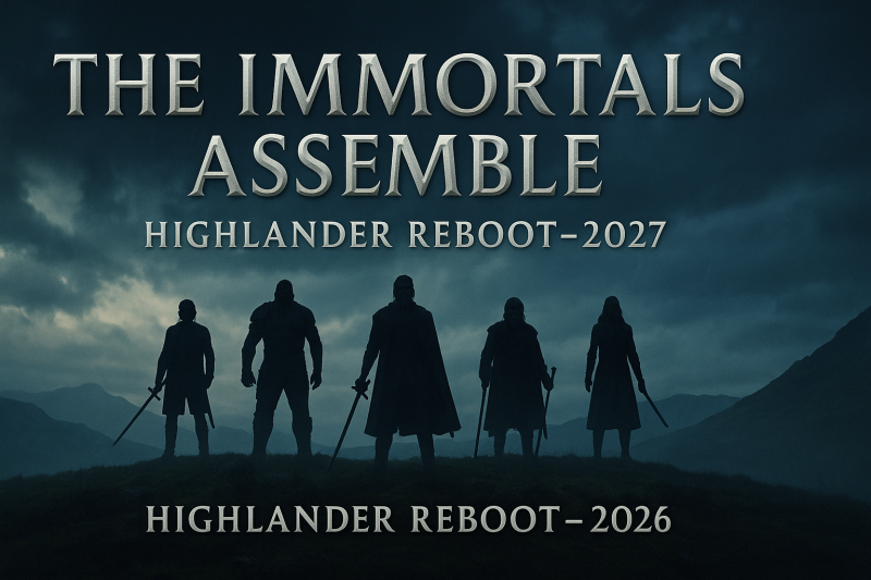 Silhouetted figures holding swords, promoting the Highlander reboots for 2026 and 2027 against a dramatic mountainous backdrop.