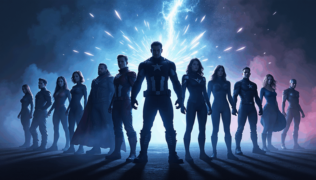 Silhouetted Avengers standing against a fractured multiverse sky with glowing cosmic shards in blue and purple