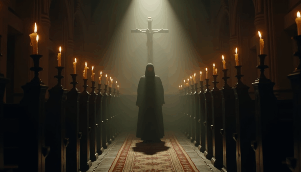 The Conjuring Last Rites: Dark gothic cathedral with flickering candles and a shadowy figure in the background, horror atmosphere.