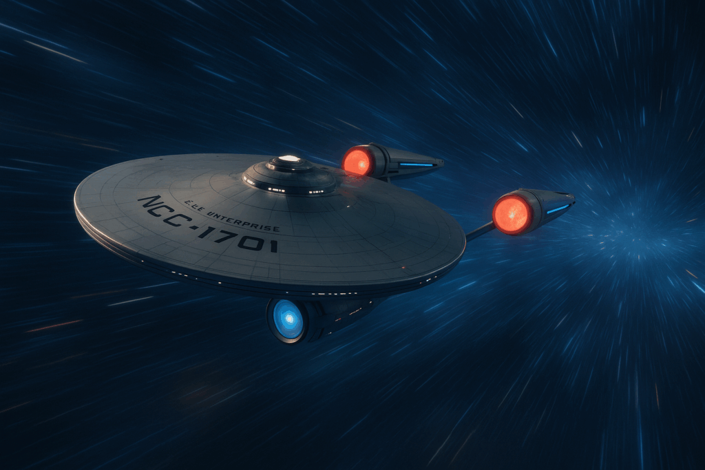 The USS Enterprise (NCC-1701) navigates through space at warp speed, showcasing its iconic saucer shape and vibrant engine lights amidst a starry backdrop.
