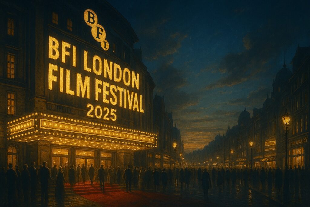 Lit marquee of the BFI London Film Festival 2025, surrounded by a crowd under a twilight sky.
