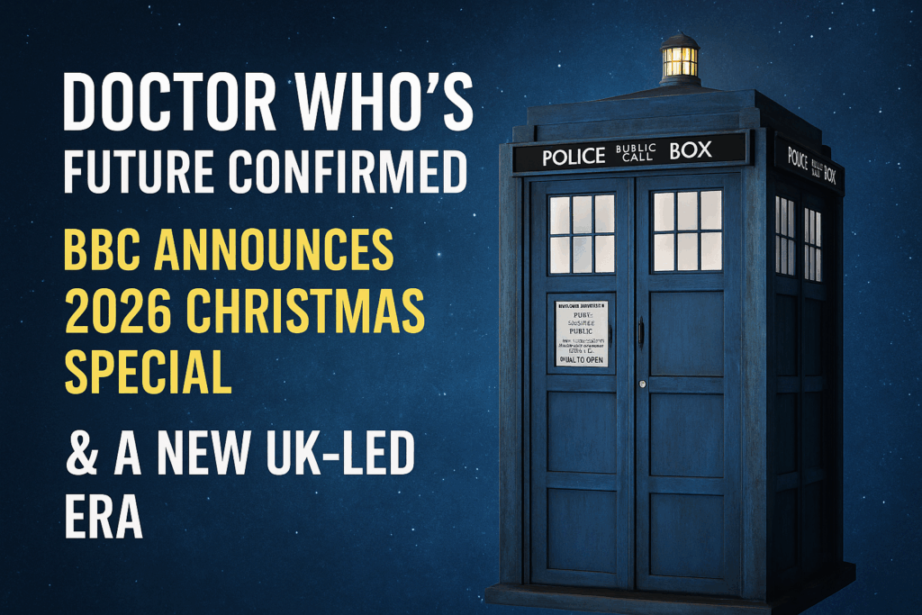 Doctor Who promotional poster showing the TARDIS against a starry night sky, with bold text announcing the BBC’s 2026 Christmas Special and a new UK-led era for the series