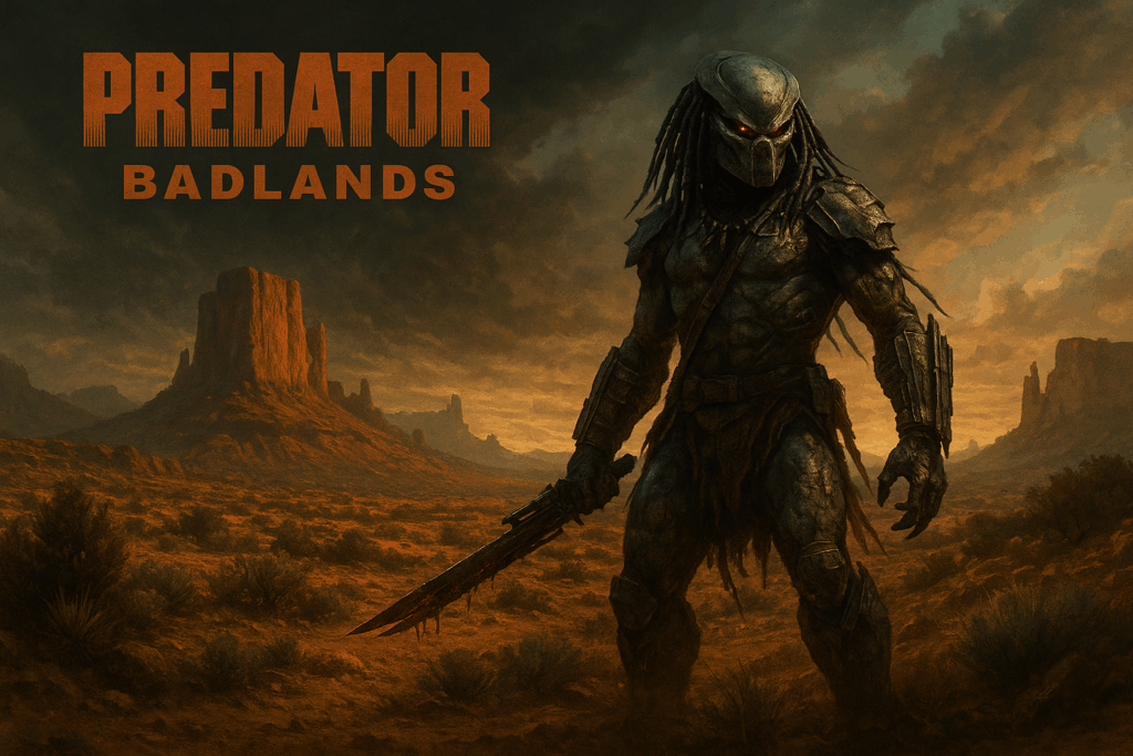 A menacing creature stands in a barren landscape, wielding a bloodstained sword against a backdrop of towering rock formations and an ominous sky.