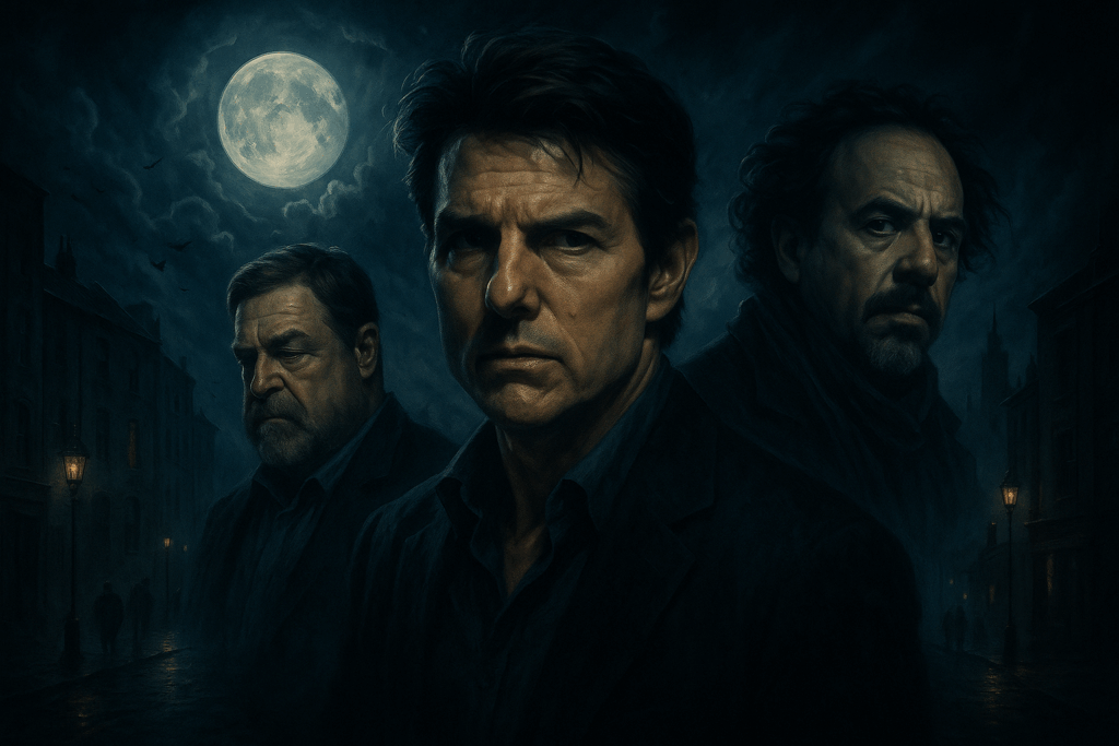 A moody atmospheric scene featuring three men against a dark, moonlit background, conveying a sense of intrigue and tension.