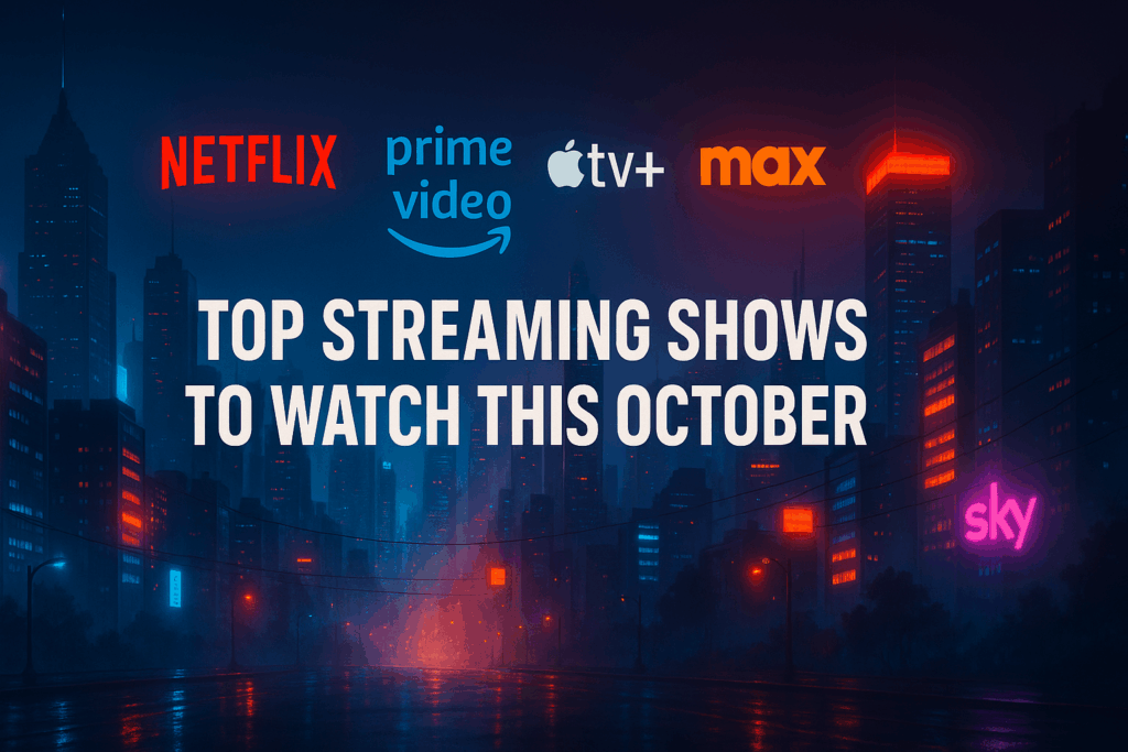 A neon-lit cityscape featuring logos of major streaming platforms with the text "Top Streaming Shows to Watch This October" prominently displayed.