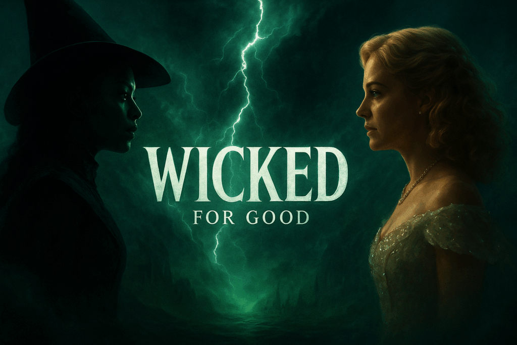 AI-generated cinematic digital painting inspired by the film “Wicked: For Good,” showing Elphaba and Glinda facing each other across a stormy emerald sky, lightning and mist forming the word WICKED, with dramatic lighting and magical atmosphere.