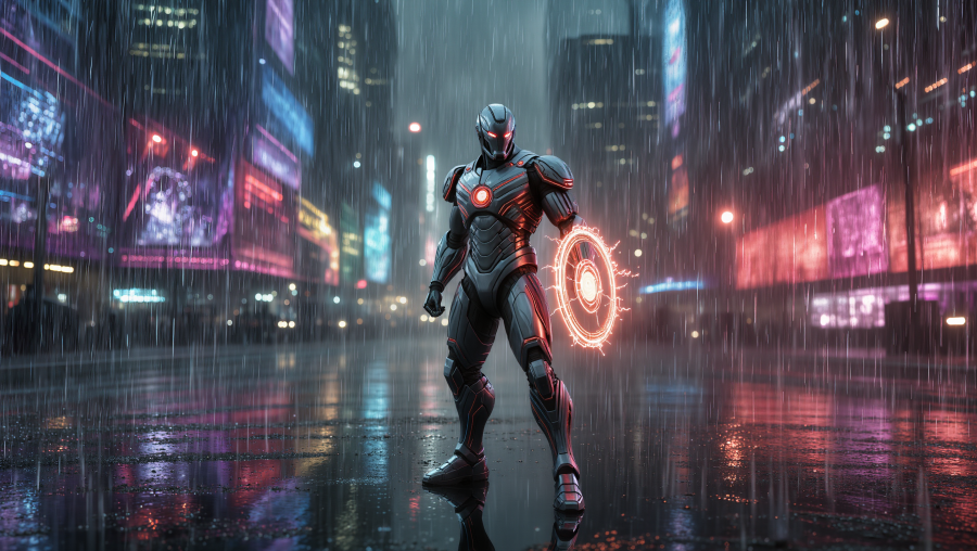 A powerful armored figure stands in the rain-soaked streets of a neon-lit city, holding a glowing shield and exuding a sense of strength and readiness.
