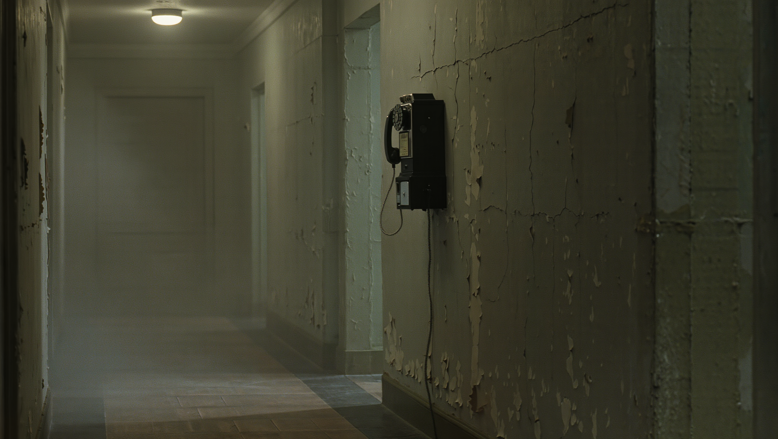 A dimly lit hallway featuring peeling walls and a vintage payphone, shrouded in a misty ambiance.