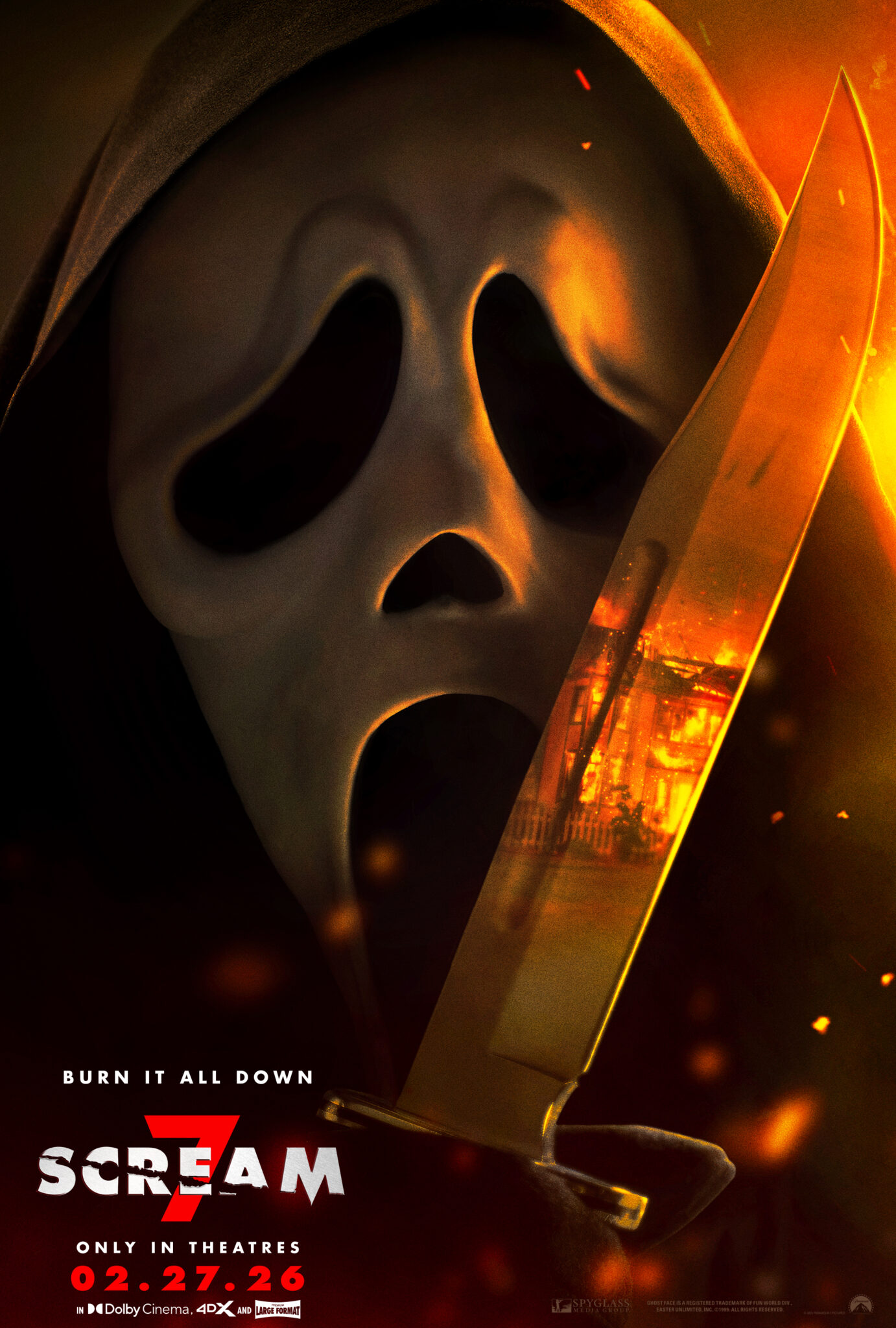 Official poster artwork for “Scream 7” featuring Ghostface mask in flames