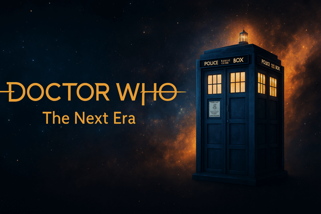 A cinematic Doctor Who promotional banner featuring the TARDIS against a deep star-filled nebula with glowing windows, and bold gold text reading “Doctor Who — The Next Era,” evoking a new chapter in the series.