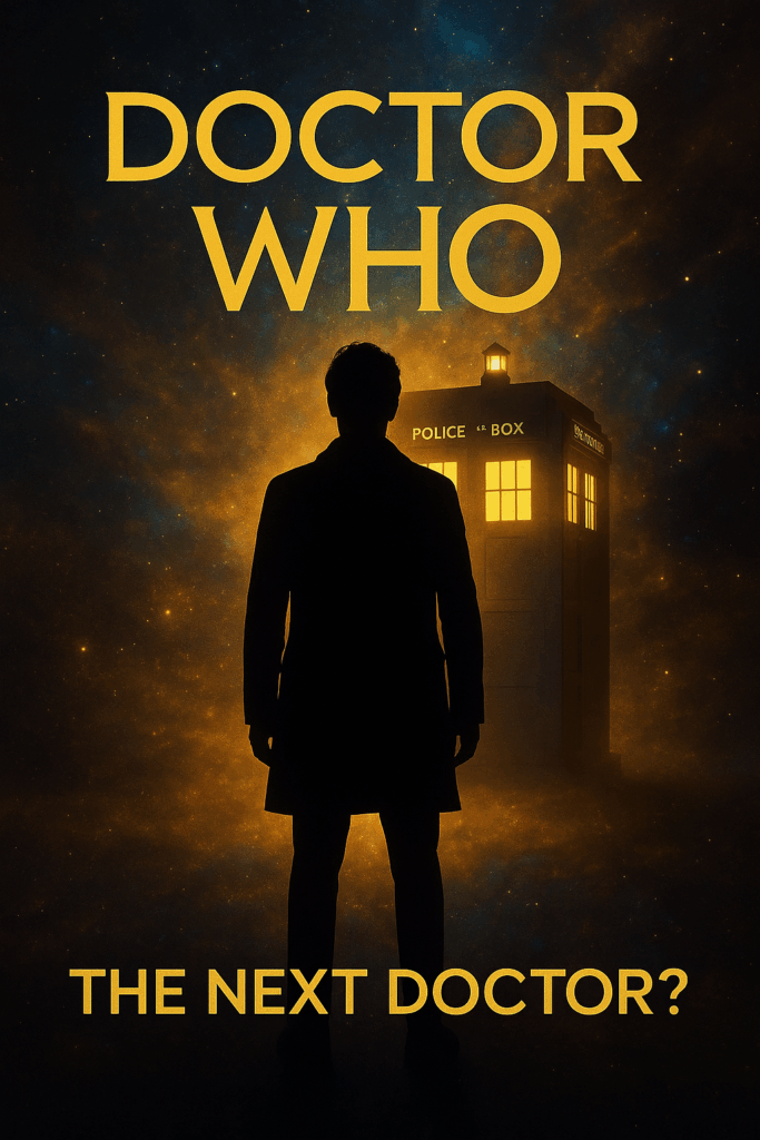 A cinematic Doctor Who teaser poster showing the silhouette of a mysterious new Doctor facing the TARDIS, lit against a the nebula background with bold title text. - The Next Doctor?