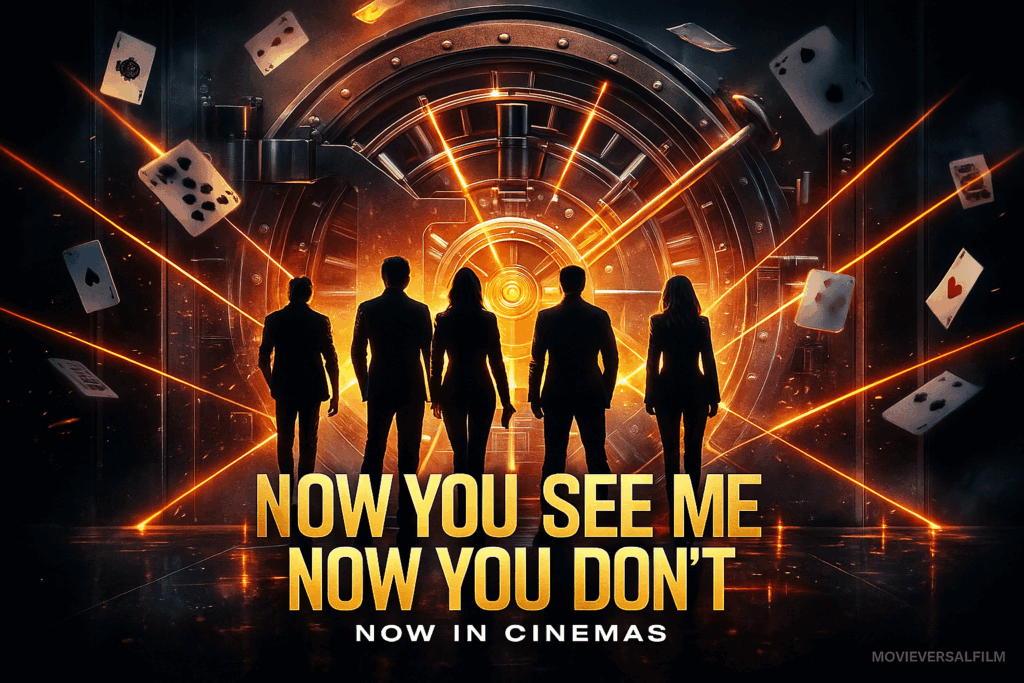 A cinematic poster for “Now You See Me: Now You Don’t” featuring five silhouetted illusionists standing before a huge glowing bank vault lit with orange laser security beams. Playing cards float through smoky air overhead. The bold gold title appears centered at the bottom with “NOW IN CINEMAS” beneath, and a subtle Movieversalfilm watermark lower right.