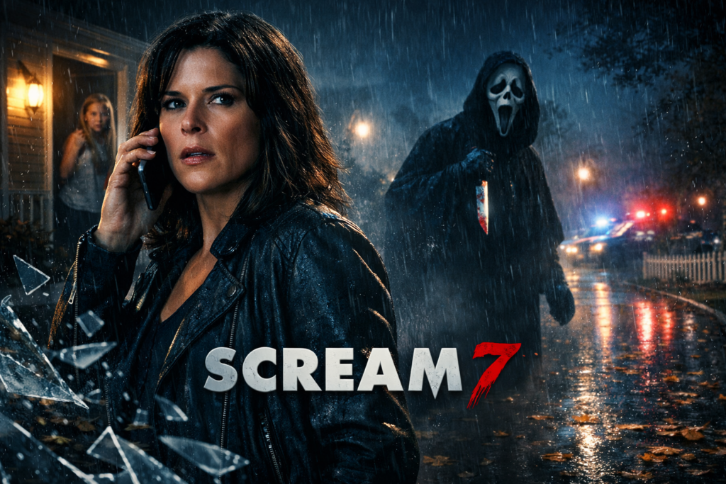 “Scream 7” poster showing Sidney Prescott in a rain-soaked suburban street as Ghostface lurks in the background.