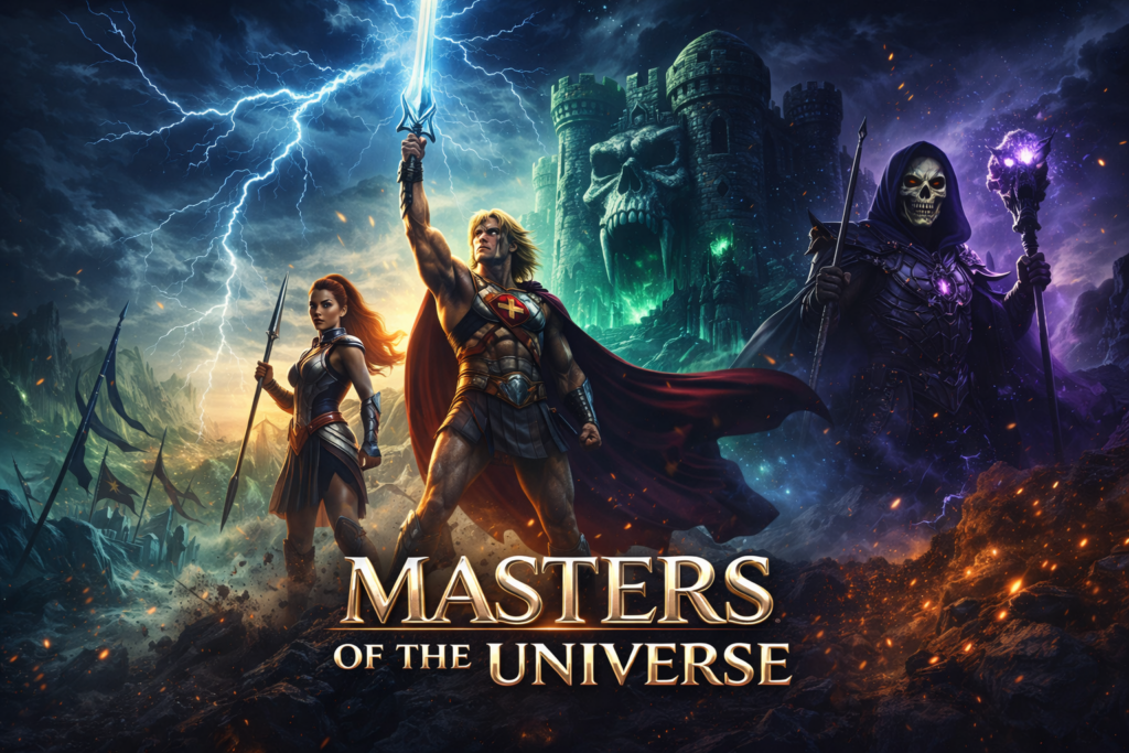 Cinematic “Masters of the Universe” poster showing He-Man raising the Power Sword before Castle Grayskull, with Teela and Skeletor on either side under a storm-lit fantasy sky.