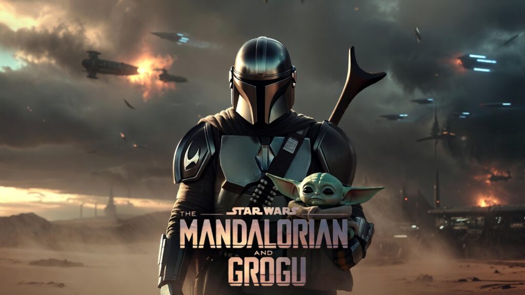 Cinematic promotional banner for The Mandalorian & Grogu (2026), showing Din Djarin in beskar armour beside Grogu against a dramatic Star Wars backdrop with the movie title displayed.