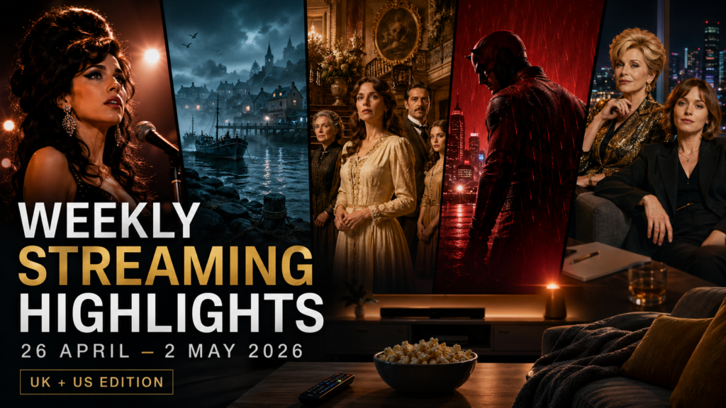 Weekly Streaming Highlights featured image for 26 April to 2 May 2026 showing a cinematic collage inspired by Straight to Hell, Widow’s Bay, The House of the Spirits and other major UK and US streaming releases.