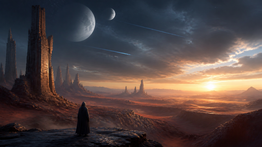 A lone cloaked traveller overlooking an alien valley of ancient monoliths beneath two moons