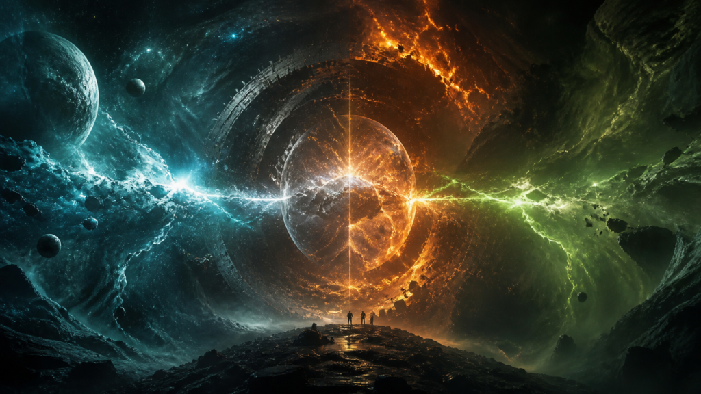 Three luminous cosmic realms converging around an abstract gateway above silhouetted figures