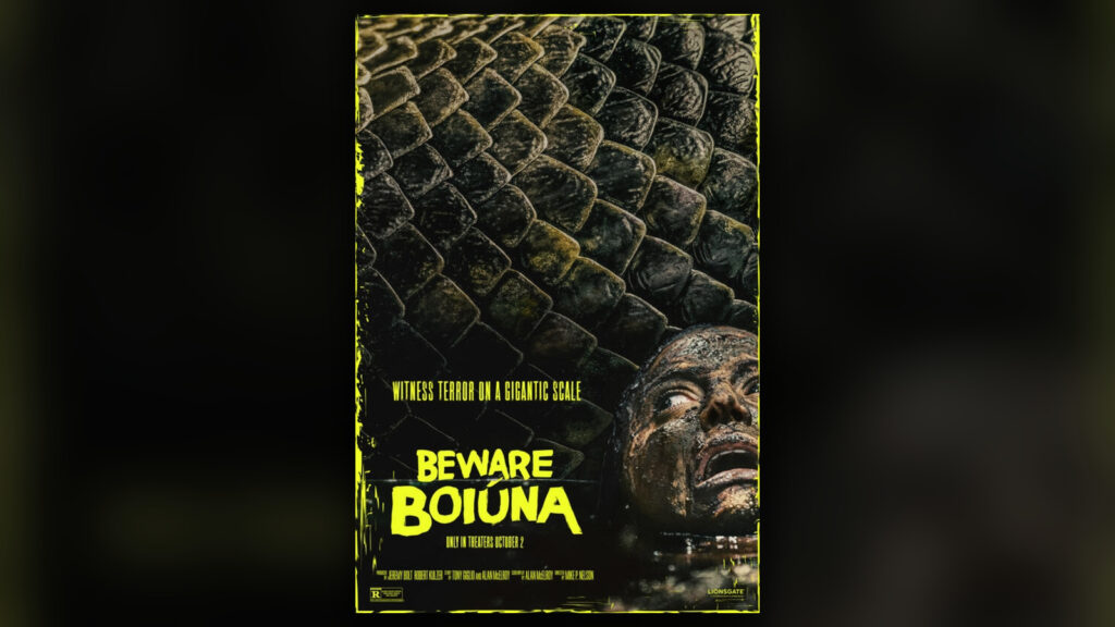 Official Beware Boiúna poster artwork showing giant dark scales above a terrified jungle survivor