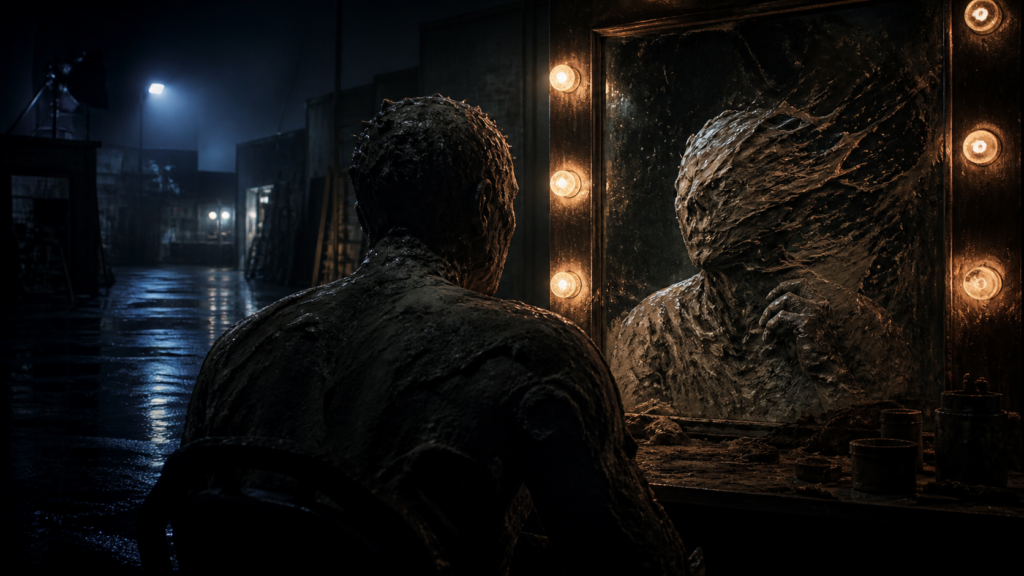Original cinematic concept art of a lone figure facing a cracked dressing-room mirror on a rain-darkened backlot