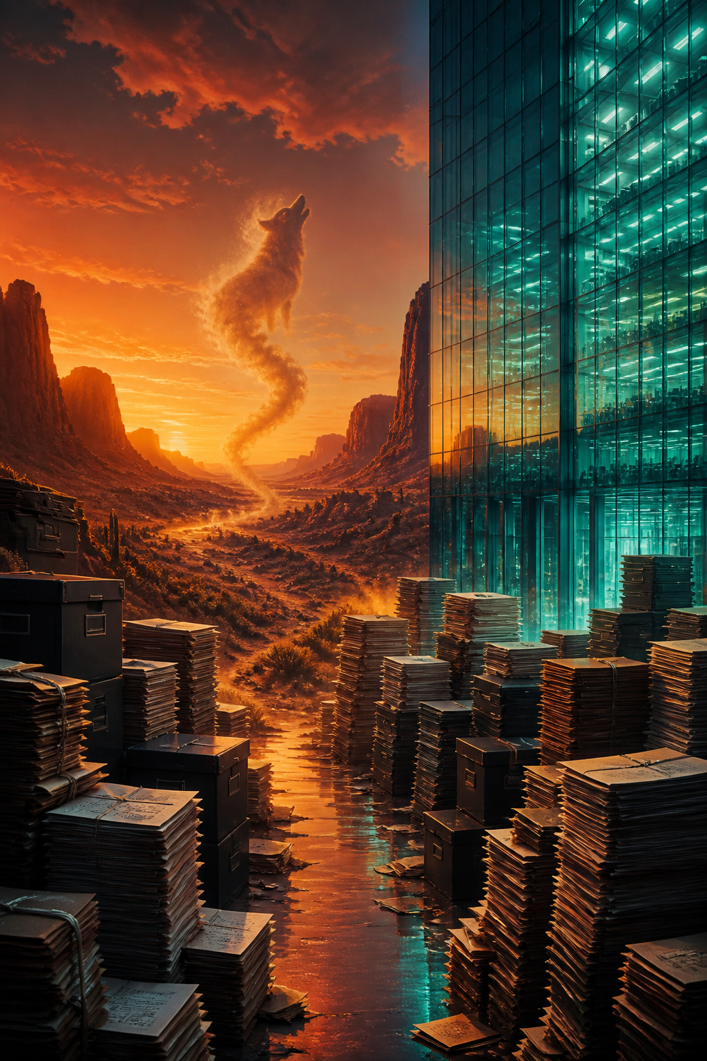 AI-created editorial illustration of a desert canyon, abstract dust trail and glass office tower for Coyote vs. Acme