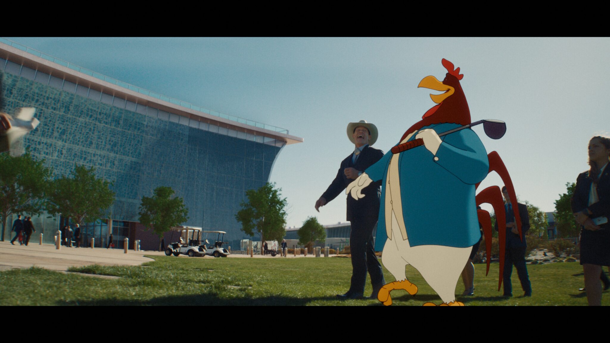 Foghorn Leghorn and Wile E. Coyote outside a courthouse in Coyote vs. Acme (2026)