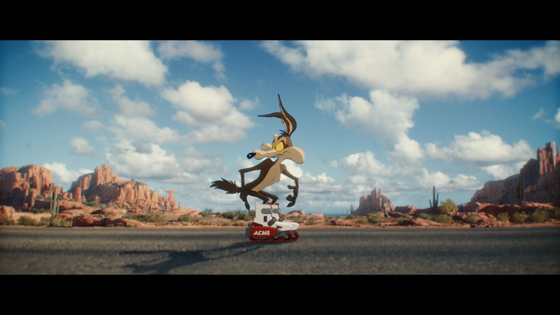 Wile E. Coyote on an ACME rocket in the desert in Coyote vs. Acme (2026)