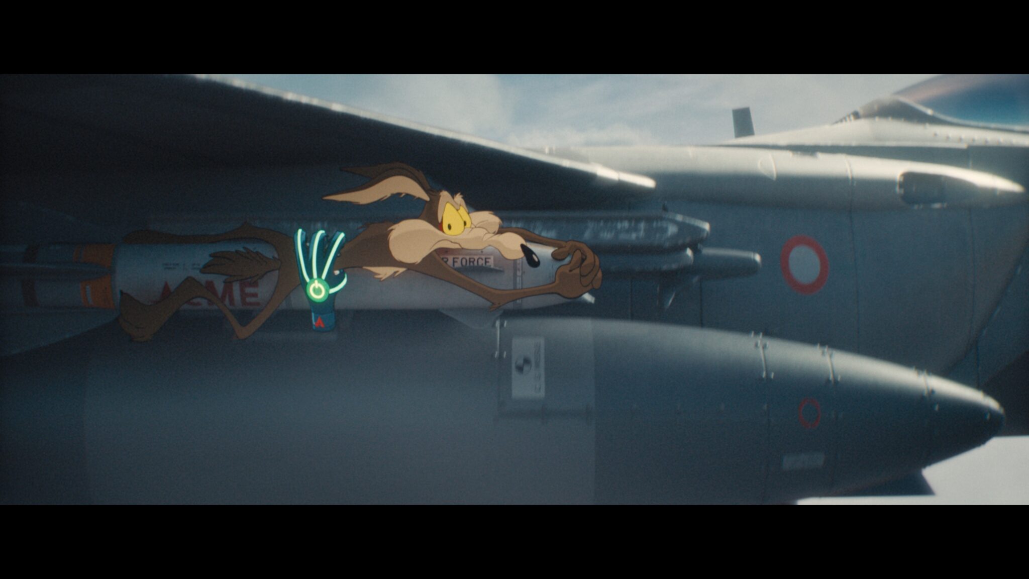 Wile E. Coyote and the Road Runner on a fighter jet in Coyote vs. Acme (2026)