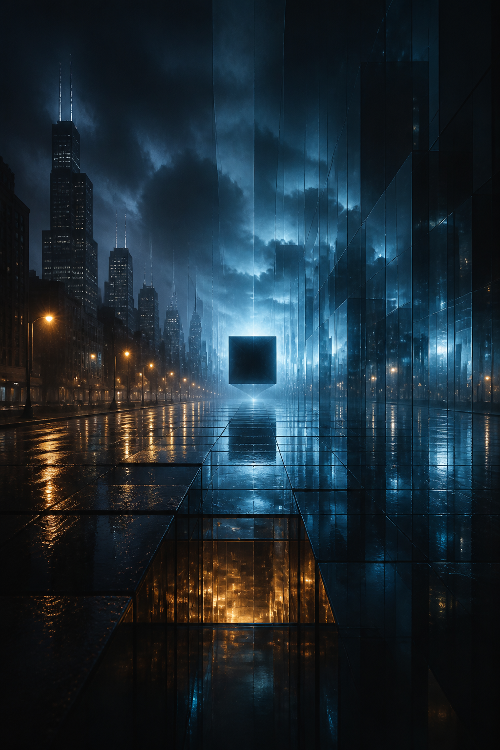 AI-created editorial illustration of a surreal city corridor and black geometric cube for Dark Matter season two