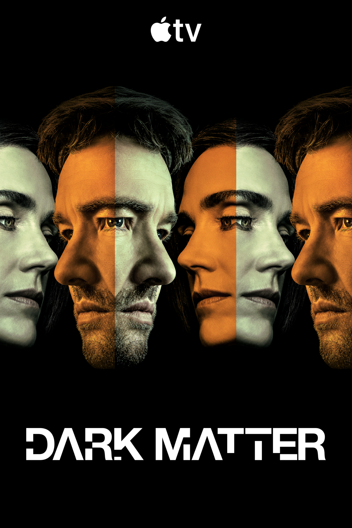 Official Dark Matter season two artwork featuring repeated mirrored portraits of the principal cast