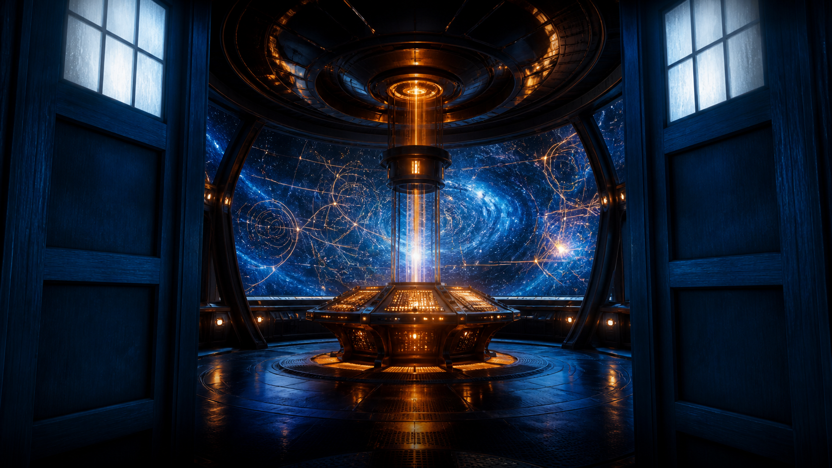 An original futuristic control room with abstract artificial intelligence lights