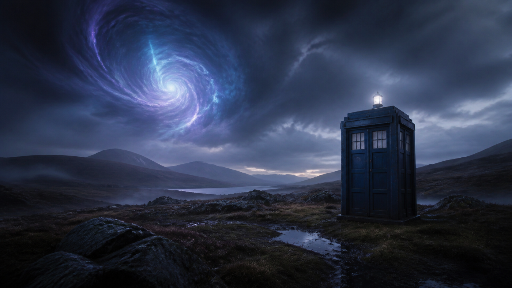A silent blue time-travel booth beneath a stormy time vortex