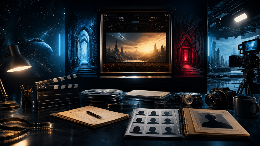 Cinematic entertainment newsroom with a clapperboard, scripts, casting silhouettes, star field, fantasy archway and eerie red doorway