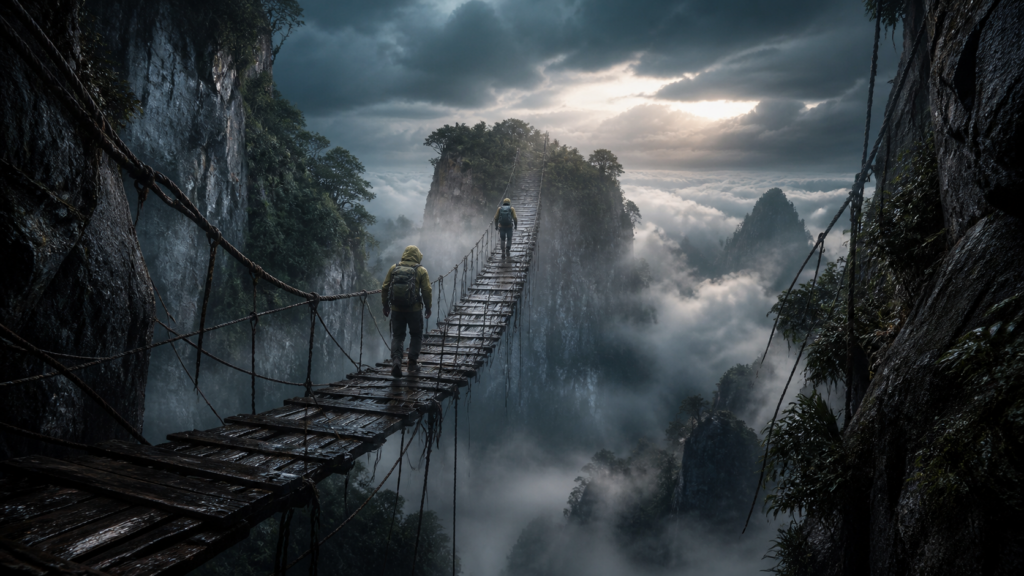 Two anonymous climbers cross a damaged bridge above a cloud-filled mountain chasm