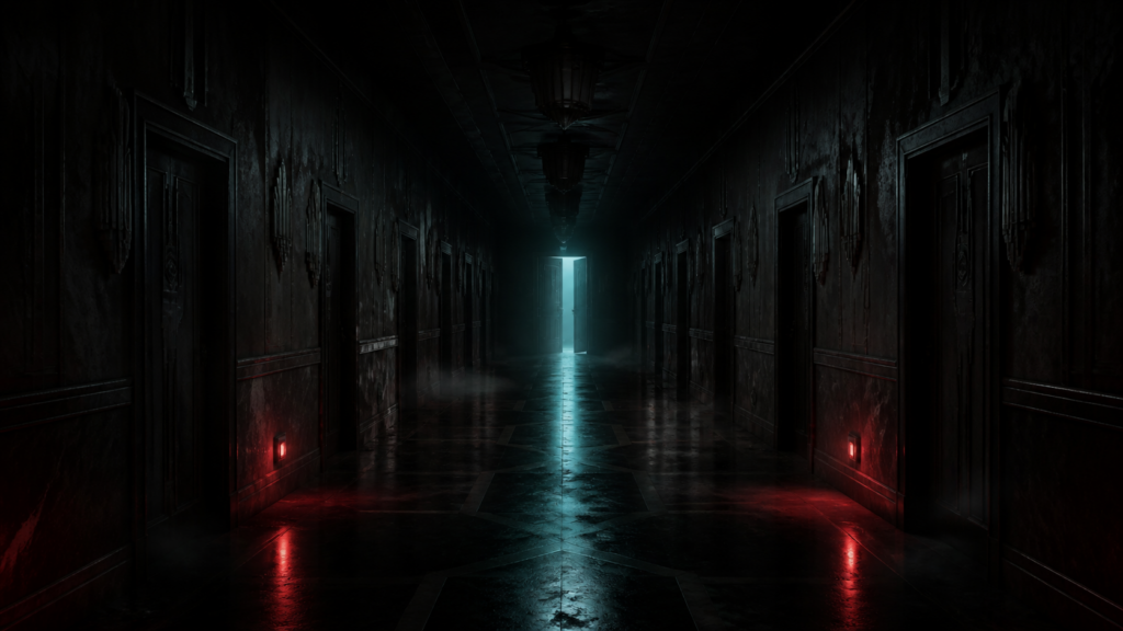 A dark decaying hotel corridor leads towards one open door glowing with cold cyan light