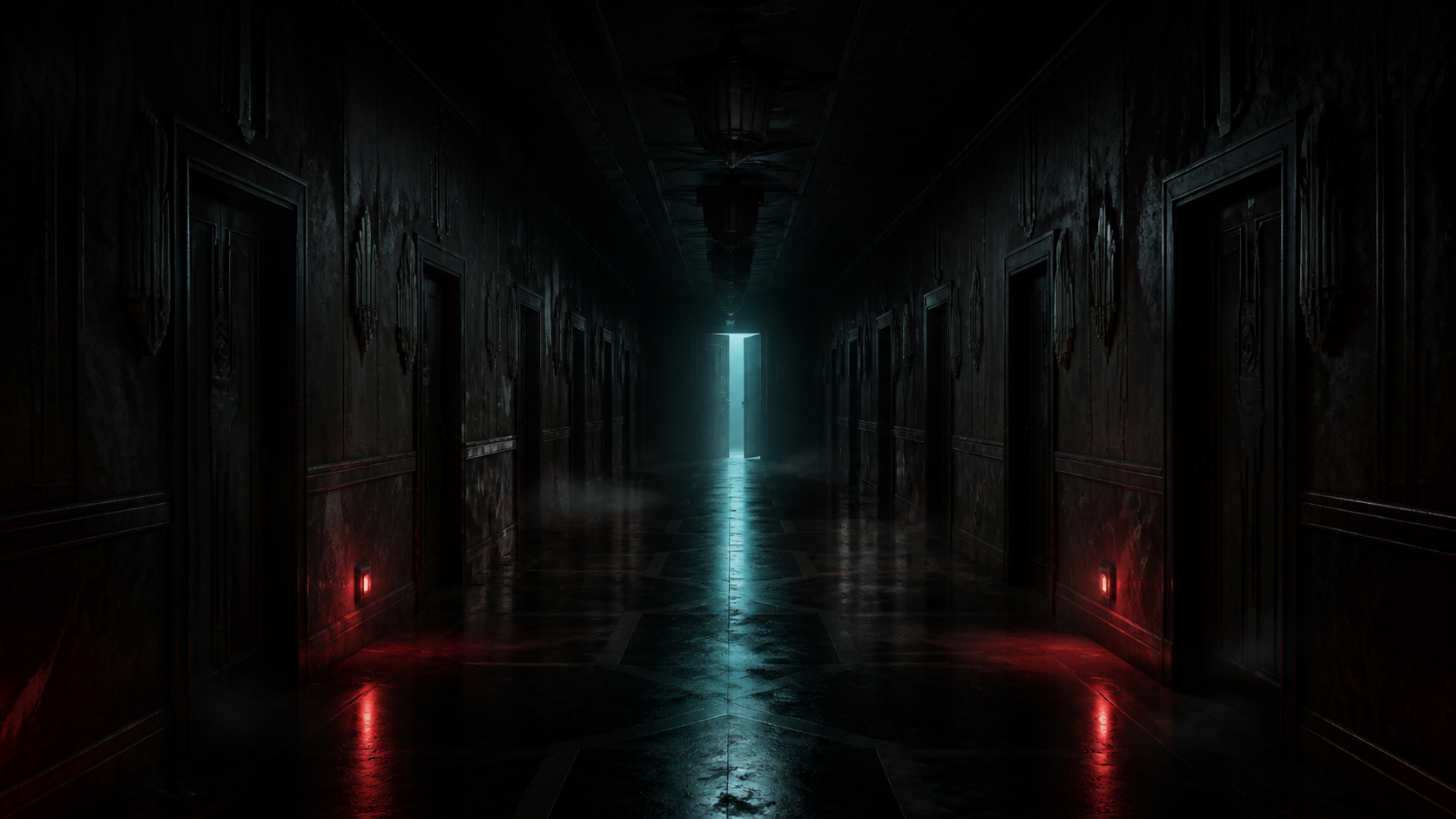 A dark decaying hotel corridor leads towards one open door glowing with cold cyan light