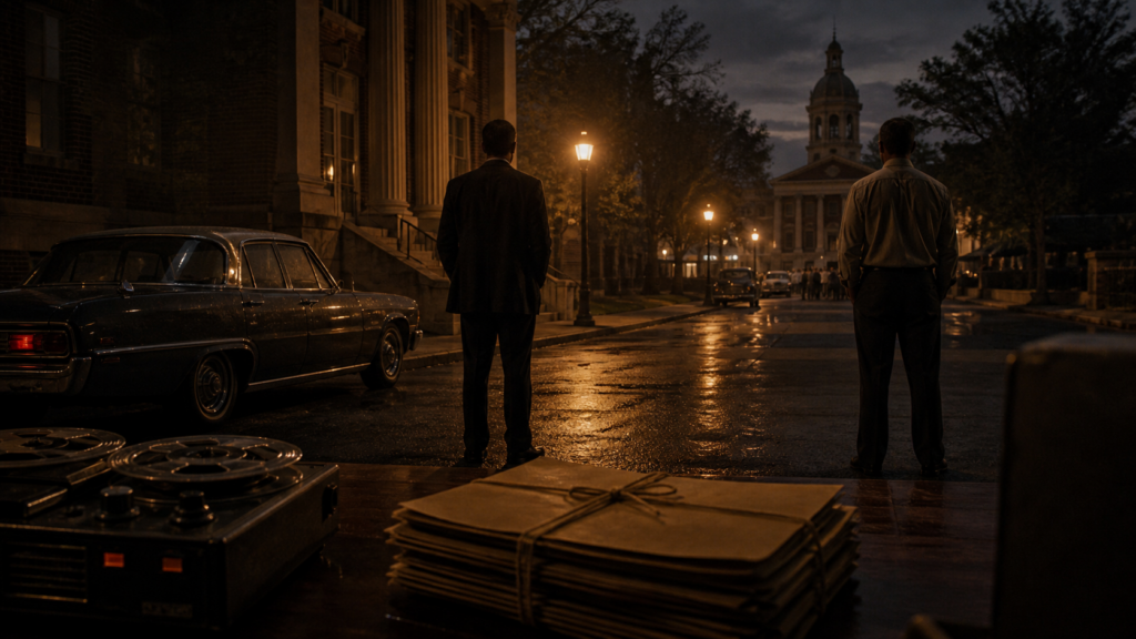 Two anonymous investigators stand apart on a rain-darkened 1960s courthouse street at dusk