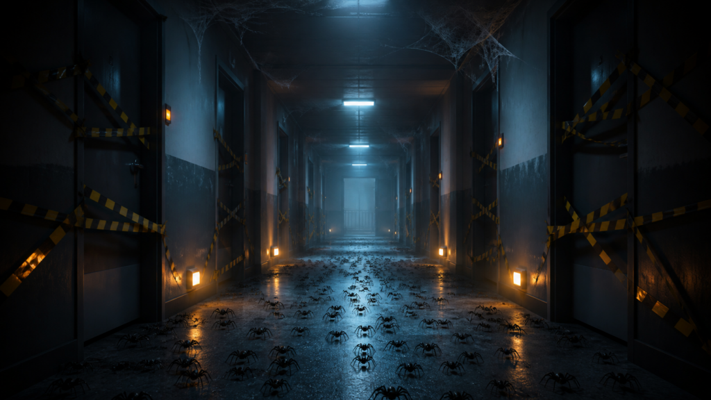 An ominous apartment corridor lit in cold blue and amber with spiders crossing the floor