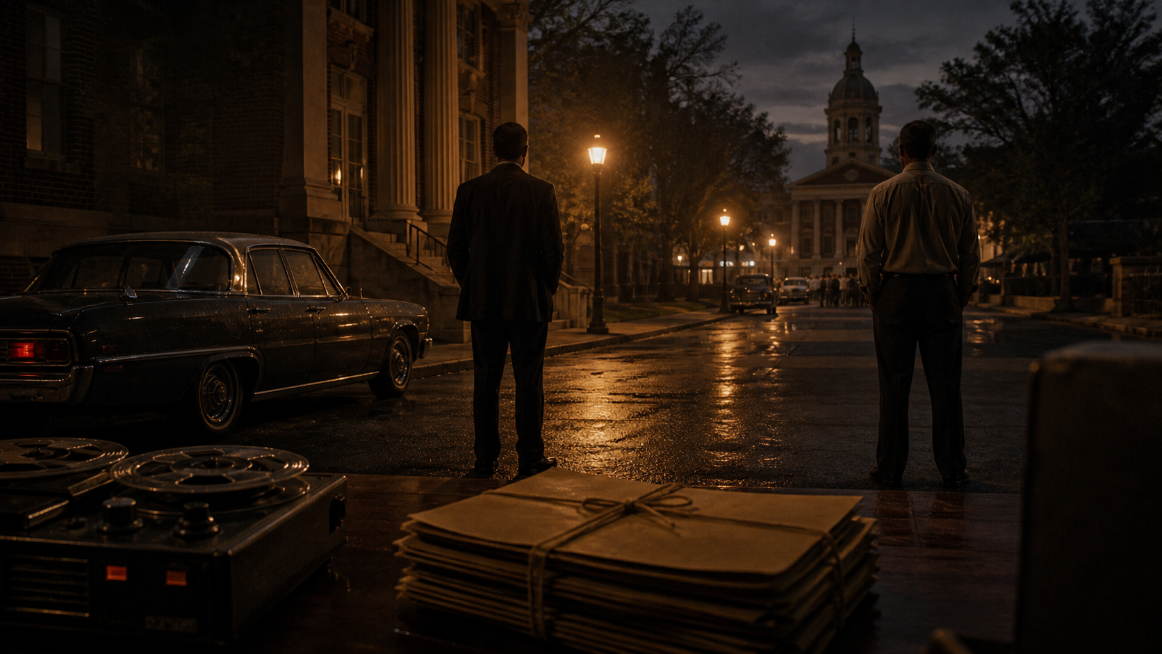 Two anonymous investigators stand apart on a rain-darkened 1960s courthouse street at dusk