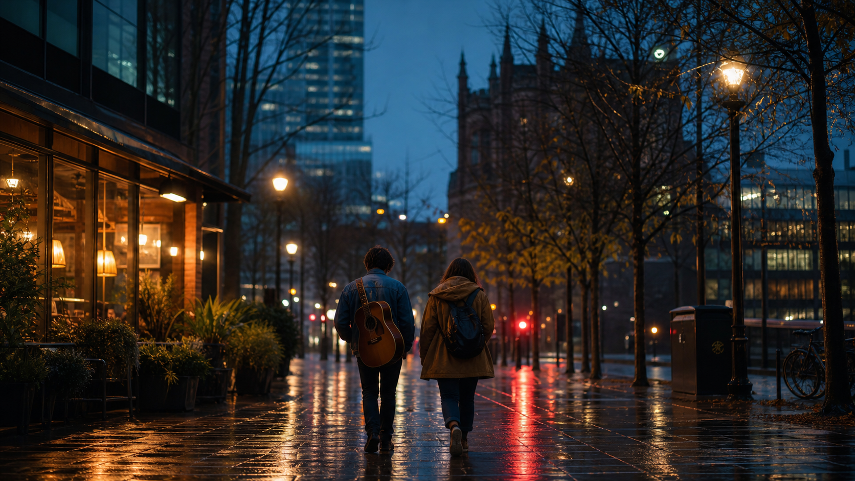 Two students walk through a rain-slick city street at dusk, one carrying an acoustic guitar