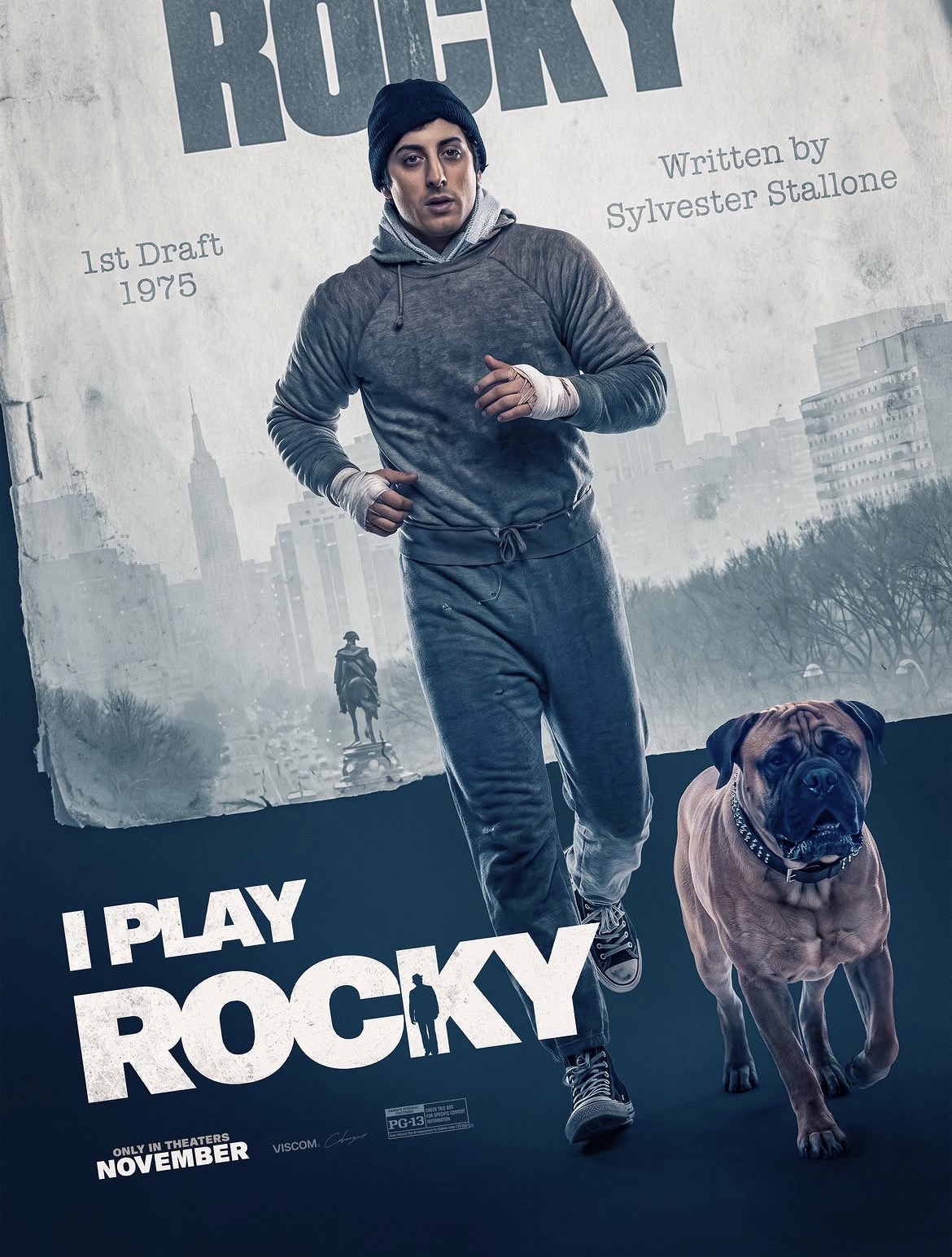 Official poster for I Play Rocky (2026), showing Anthony Ippolito as young Sylvester Stallone running with a dog