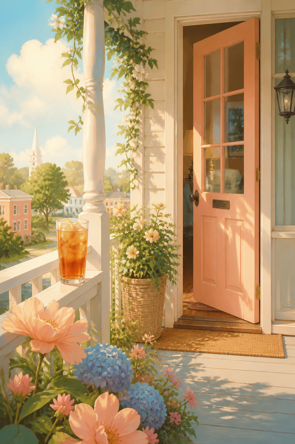AI-created editorial illustration of a warm Southern front porch for Leanne season two
