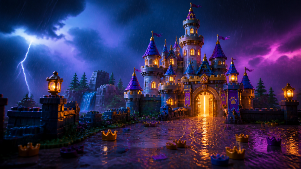 An original toy-brick fantasy castle glowing during a colourful rainstorm