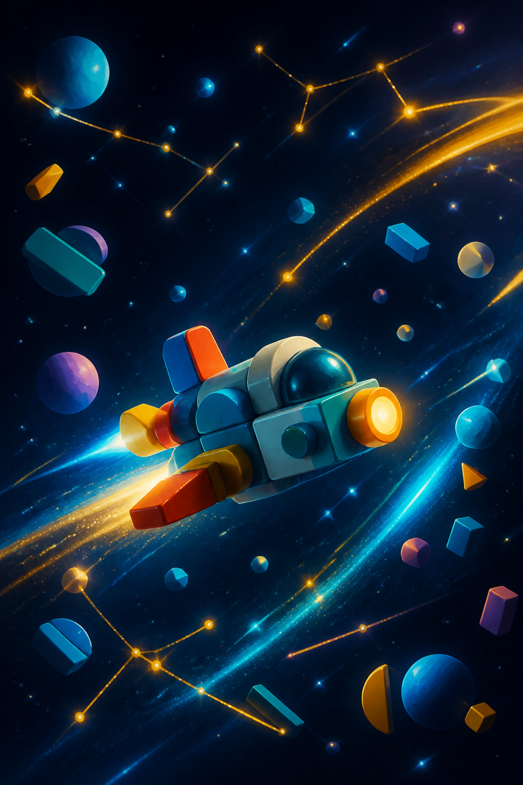 AI-created editorial illustration of colourful geometric space forms for LEGO Star Wars: The Mandalorian