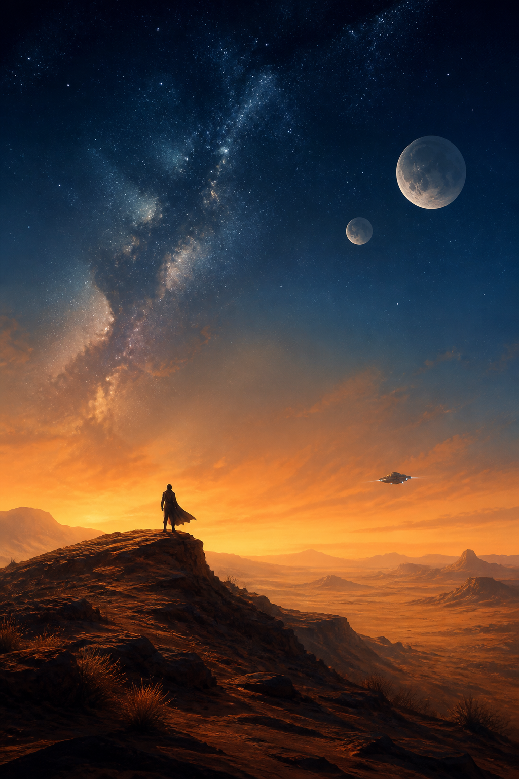 AI-created editorial illustration of a desert ridge, distant spacecraft and twin moons for Star Wars: The Mandalorian and Grogu