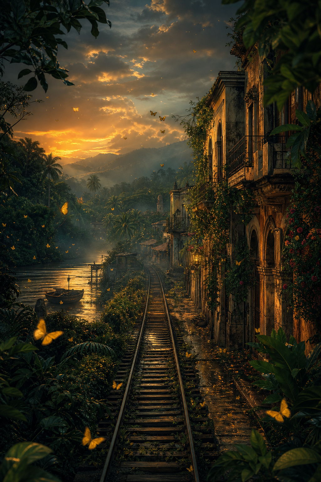 AI-created editorial illustration of a tropical river town for One Hundred Years of Solitude