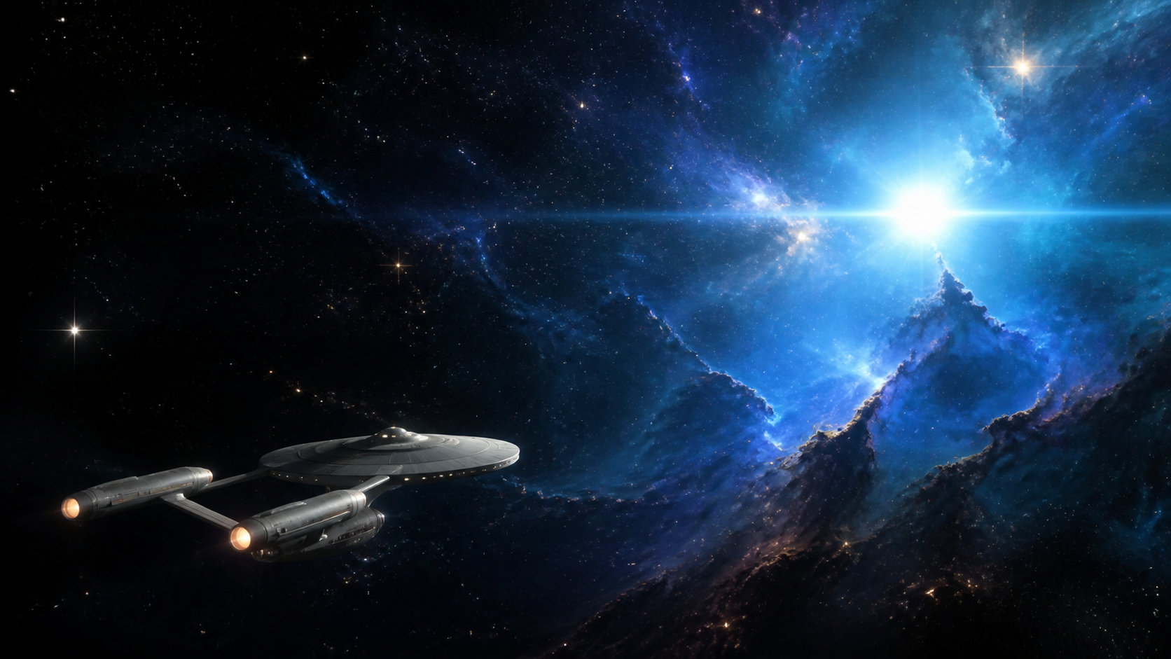 Exploration vessel travelling through a blue nebula