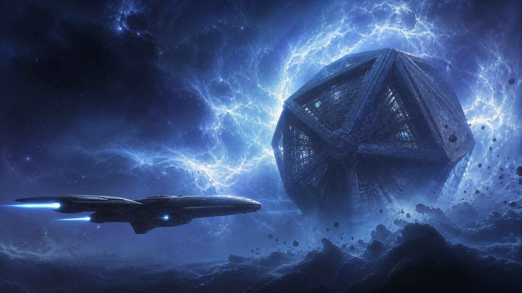 Exploration vessel facing a vast geometric alien machine in deep space