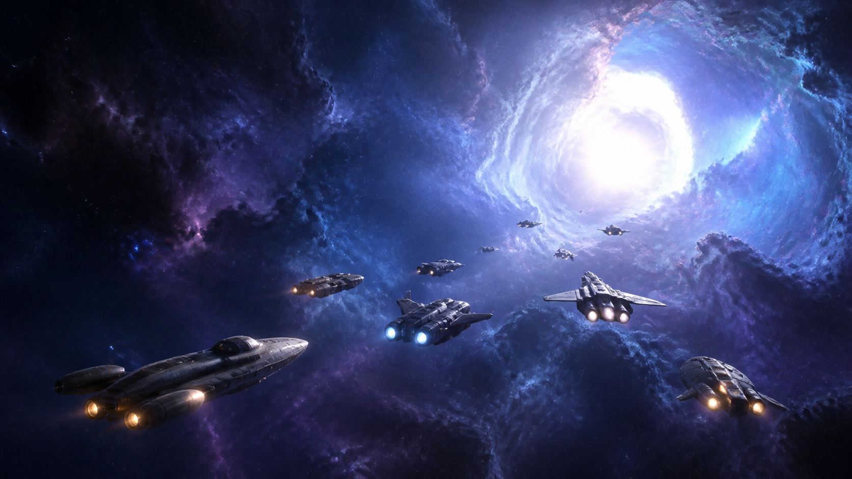 Several exploration vessels travelling together toward a luminous nebula
